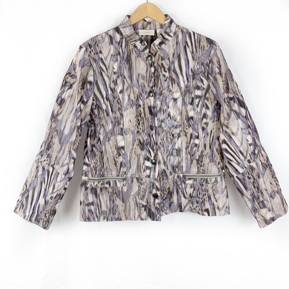 Chico's Artsy Animal Print Lightweight Button Front Jacket, Size Large